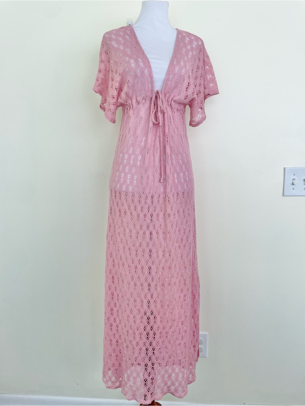 Josa Tulum Pink Open Knit Crochet Front Tie Vneck Maxi Cover Up Dress OS